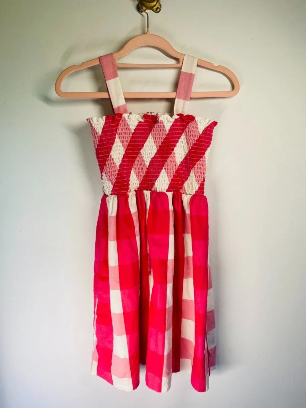 Girls Pink & White Checkered Sundress With Smocked Top & Straps Size 12